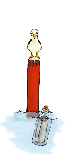 punainen merimerkki lokki istuu päällä pulloposti meressä